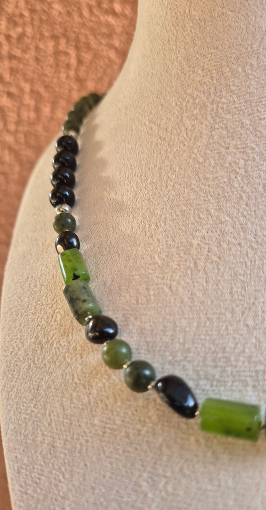Collier onyx, jade vert & obsidienne