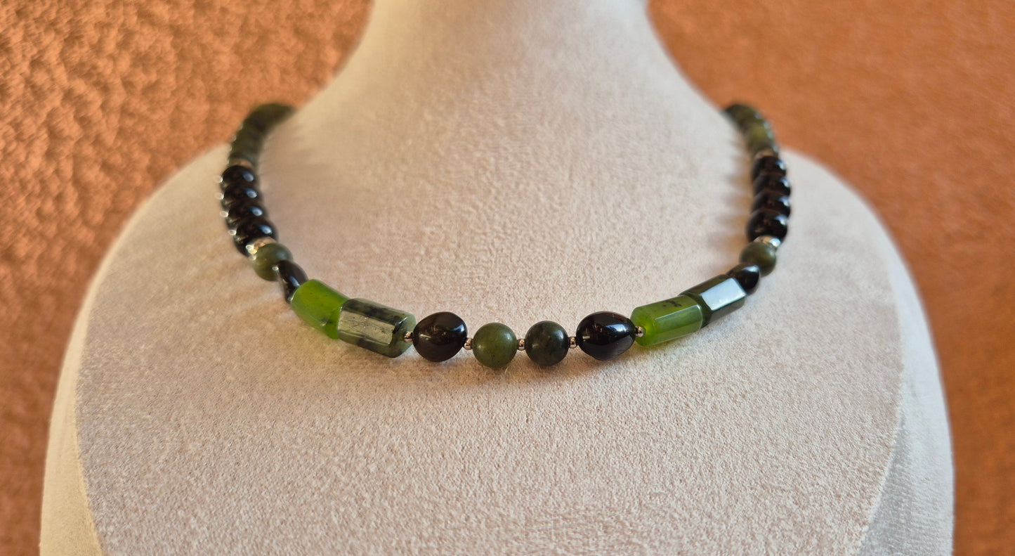Collier onyx, jade vert & obsidienne