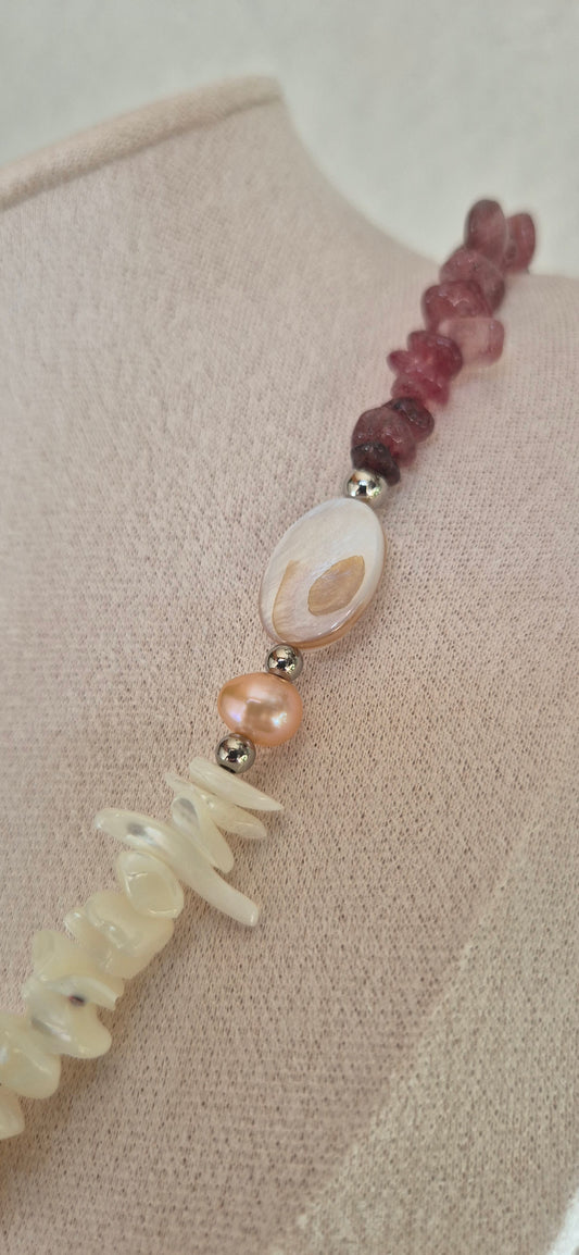Collier quartz rose & coquillage