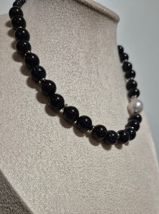 Collier Blue Goldstone & perle baroque