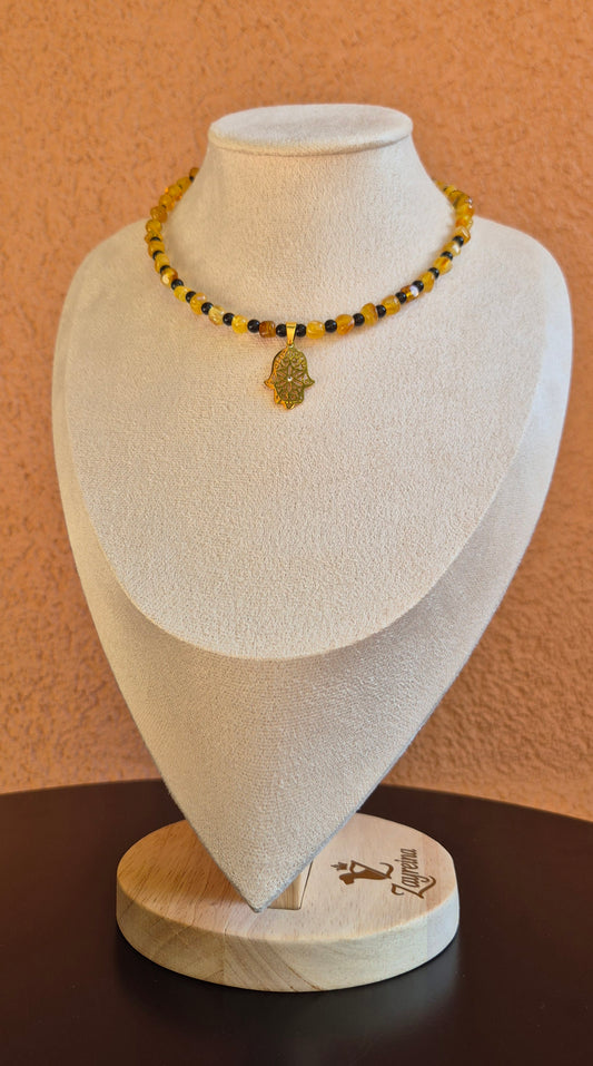 Collier ambre & onyx avec Main de Fatma