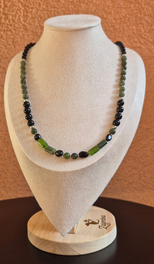Collier onyx, jade vert & obsidienne