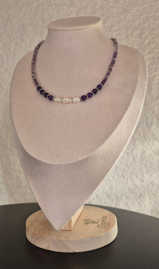 Collier améthyste et perles naturelles