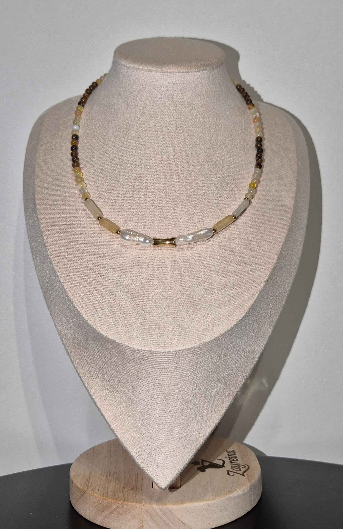 Collier jade jaune, oeil de tigre & perles