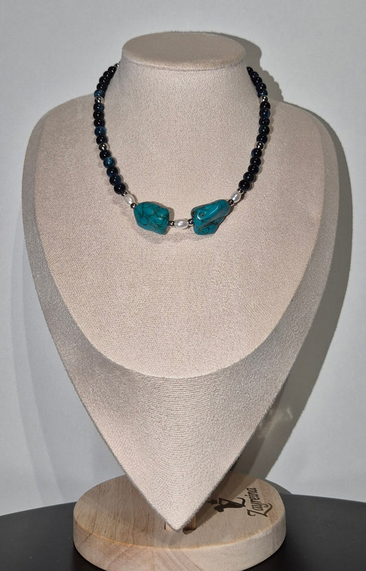 Collier oeil de tigre bleu, turquoise & perles
