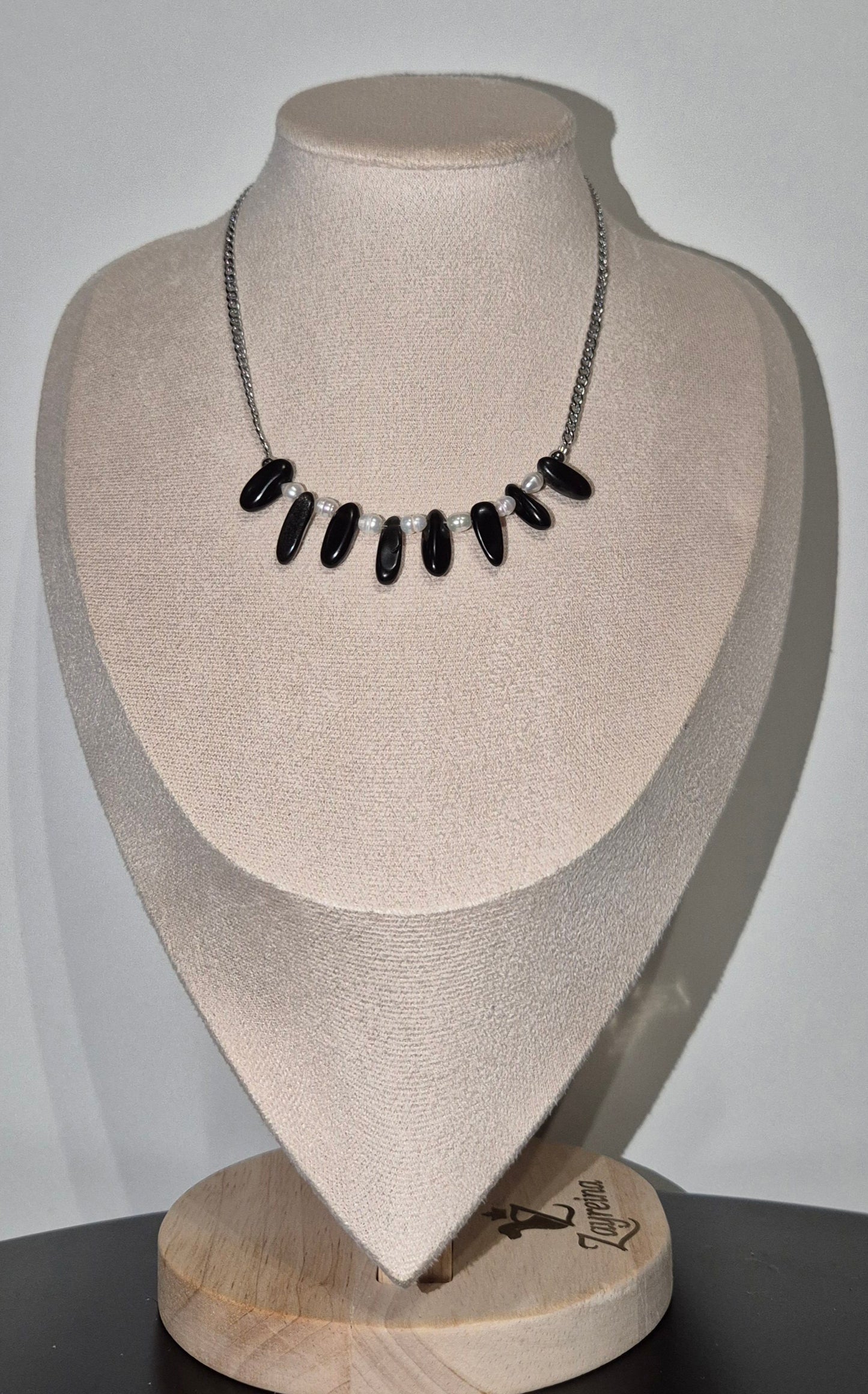 Collier agate noire & perles