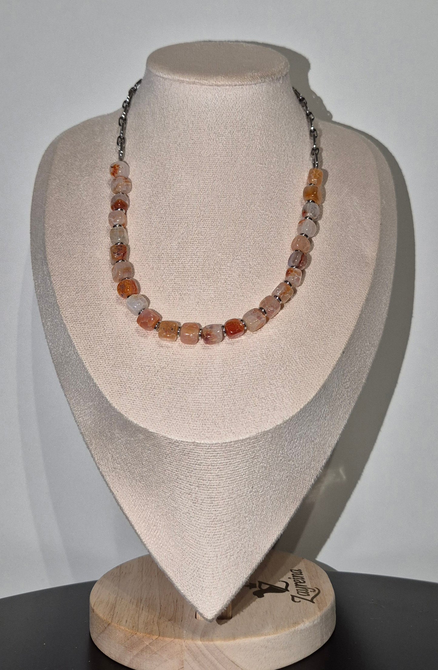 Collier agate beige & acier argenté