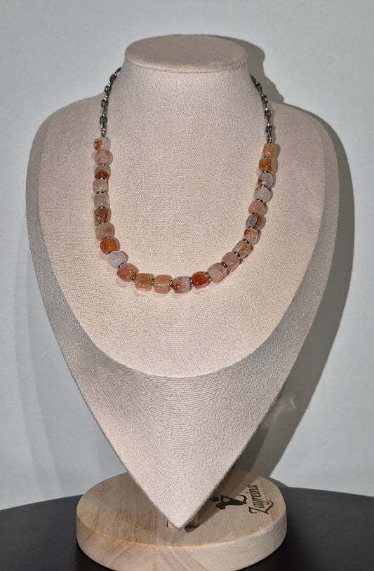 Collier agate beige & acier argenté