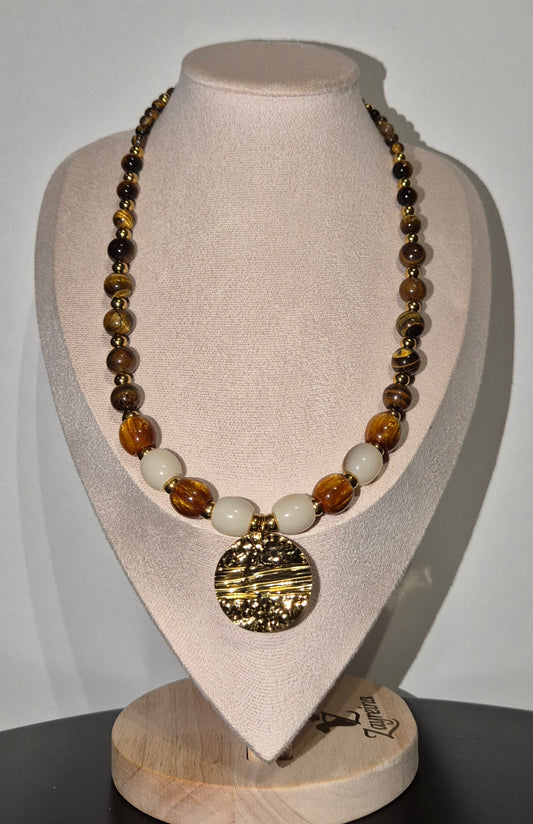 Collier oeil de tigre & résine blanche et dorée