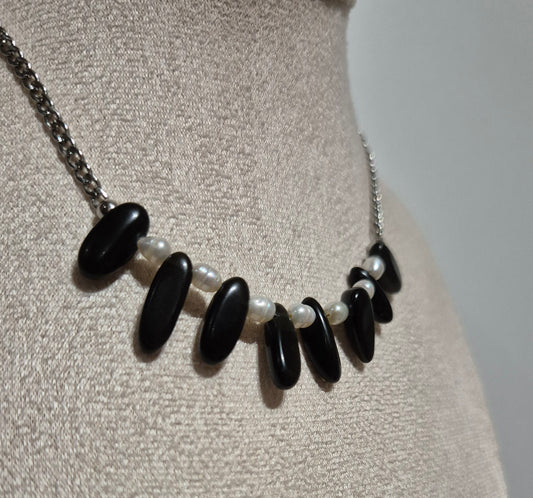 Collier agate noire & perles