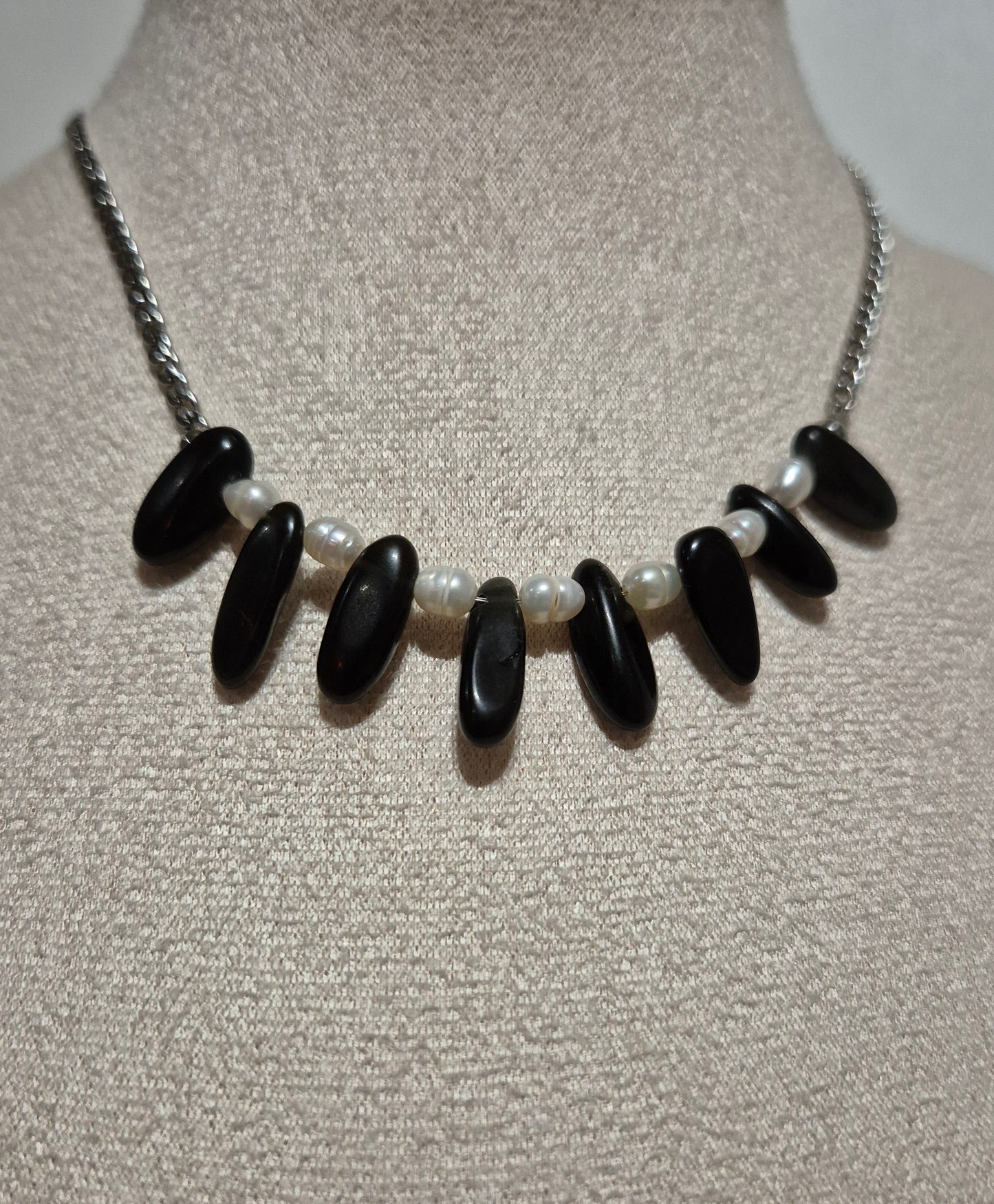 Collier agate noire & perles