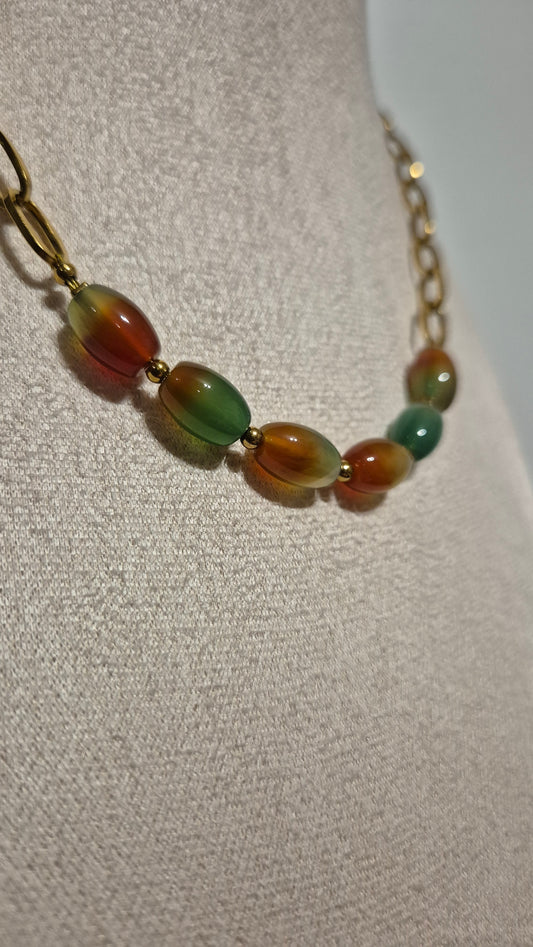 Collier chaîne dorée & agate peacock