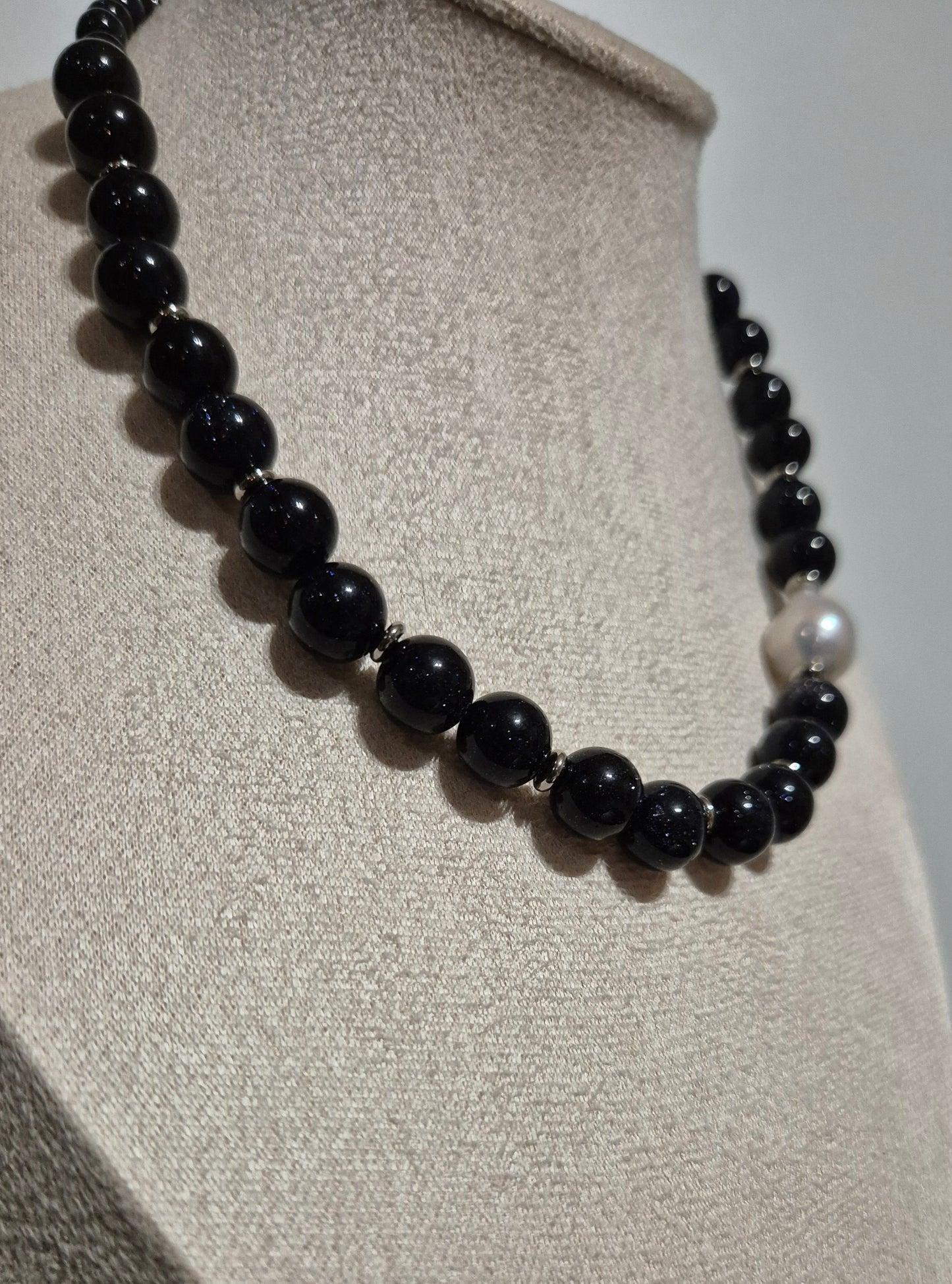 Collier Blue Goldstone & perle baroque