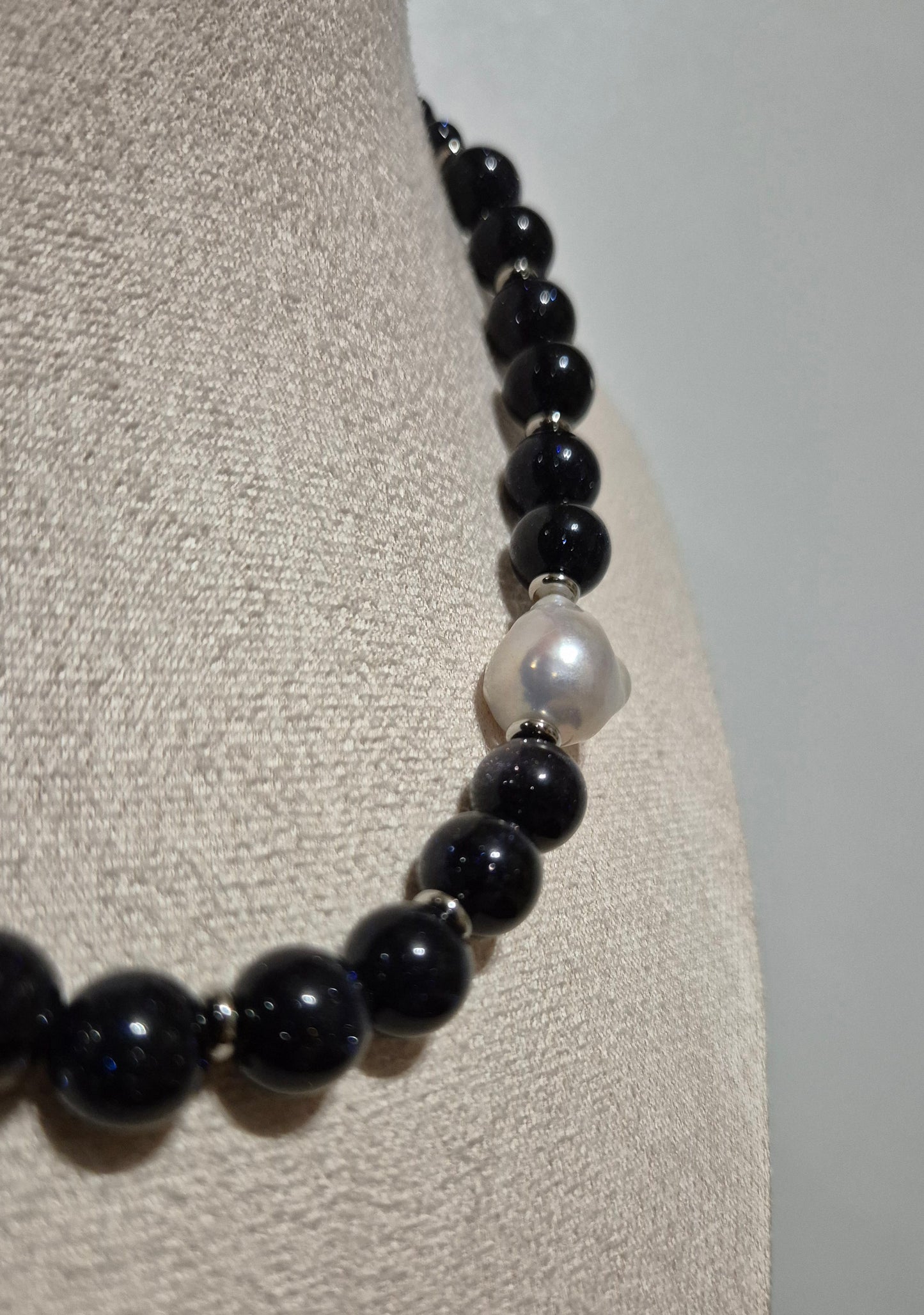 Collier Blue Goldstone & perle baroque