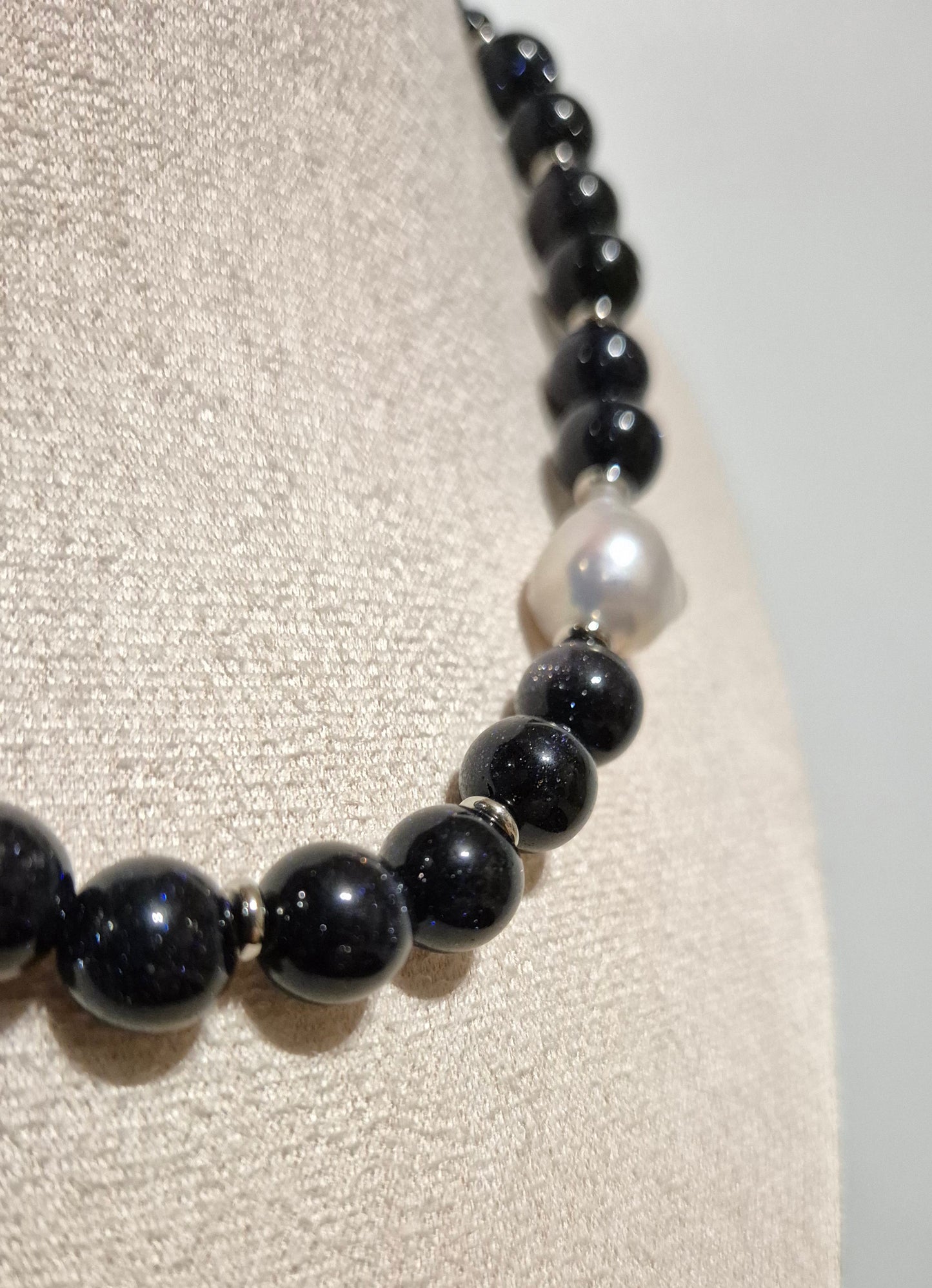 Collier Blue Goldstone & perle baroque