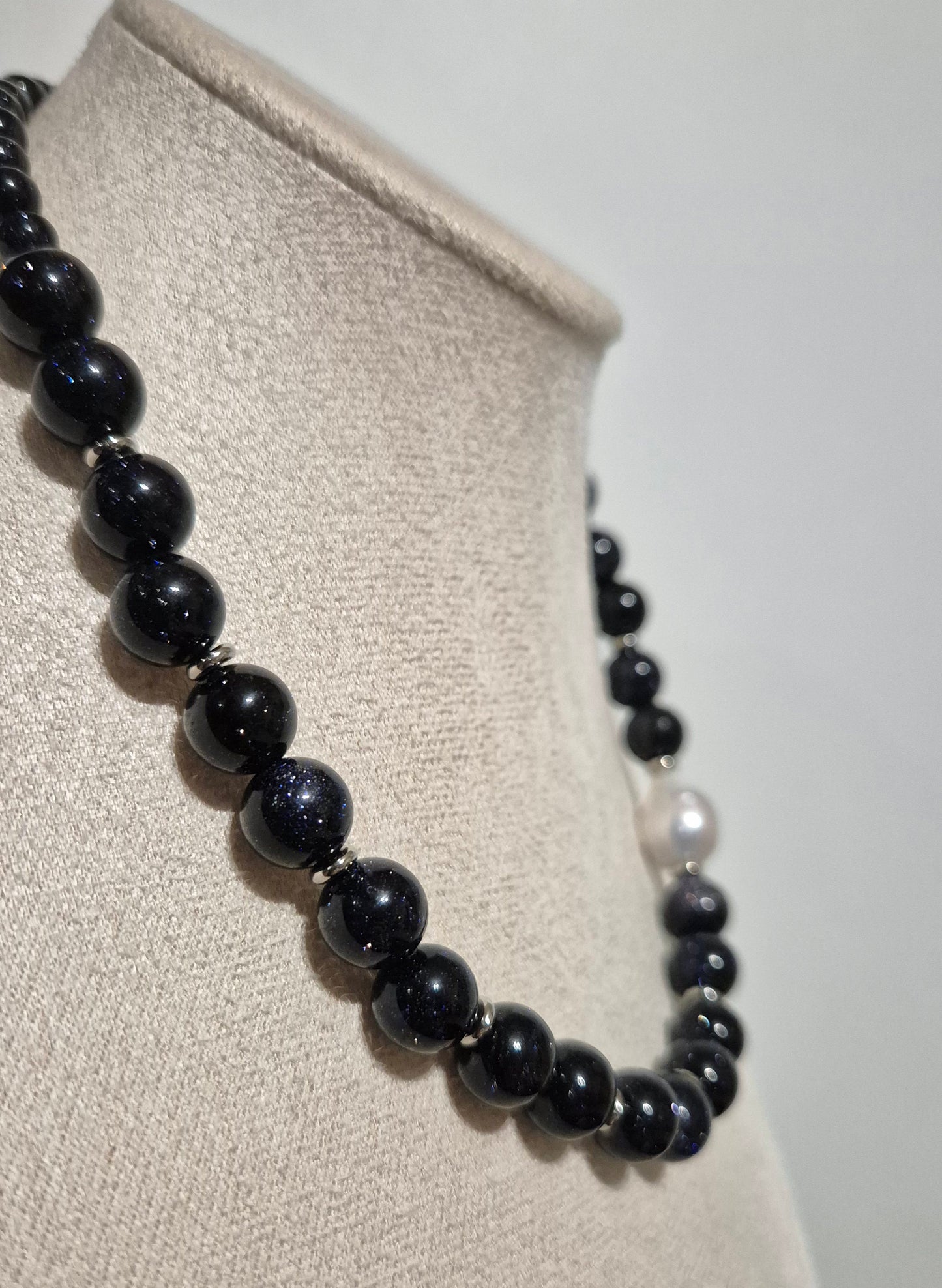 Collier Blue Goldstone & perle baroque
