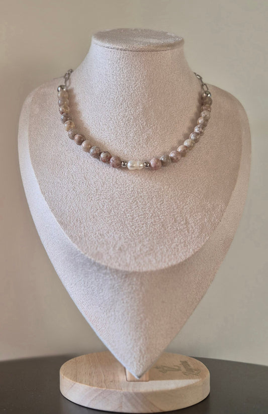 Collier chrysanthème & perle naturelle