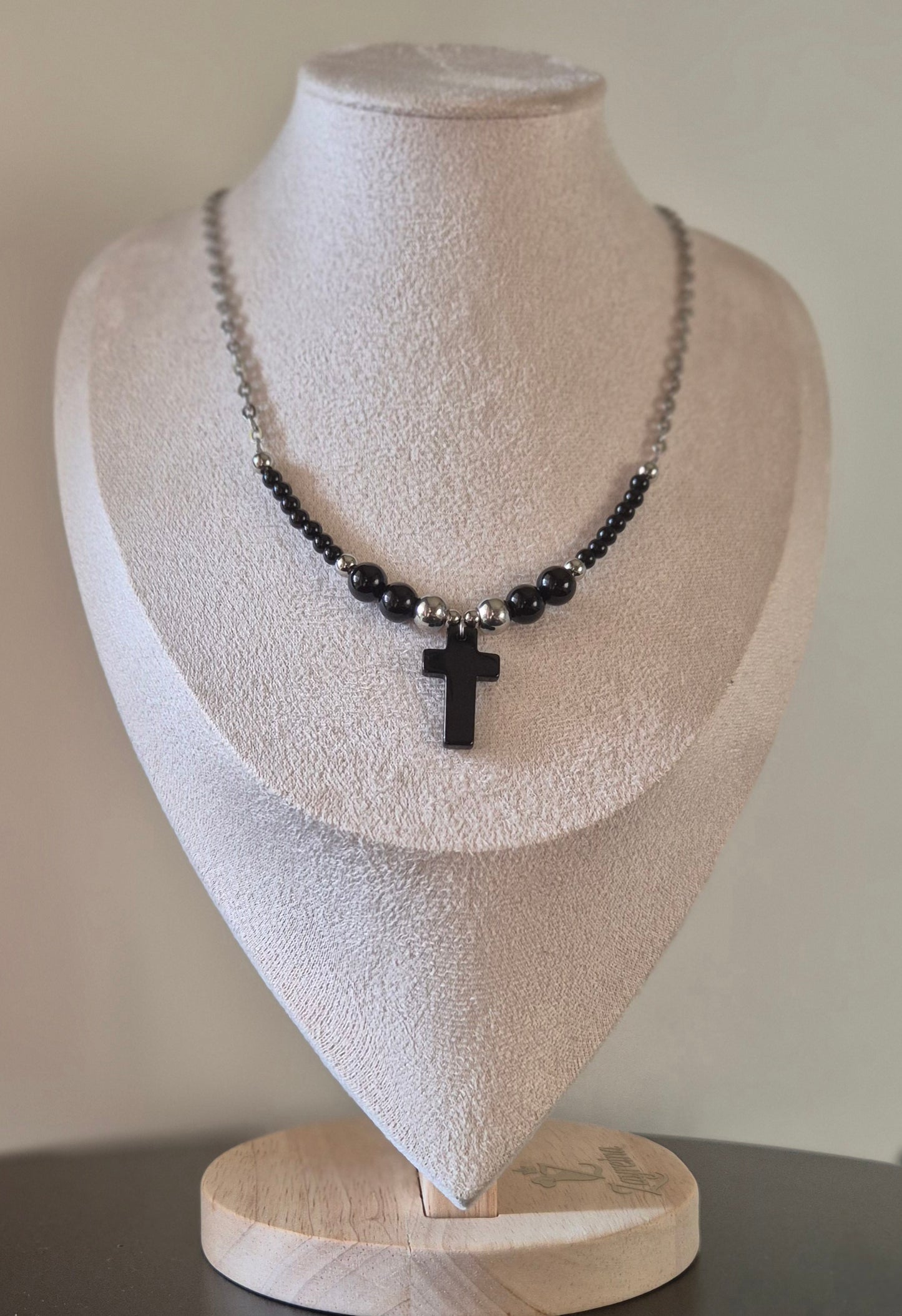 Collier acier & agate noire