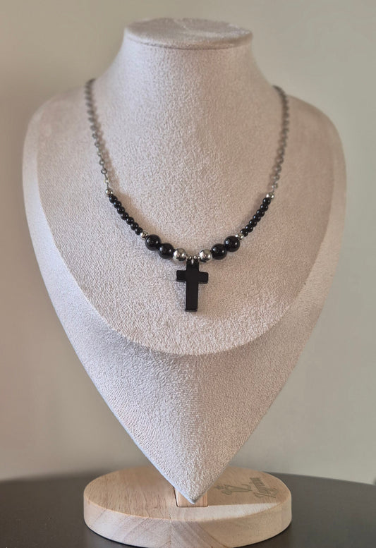 Collier acier & agate noire