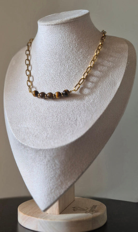 Collier chaîne dorée & oeil de tigre
