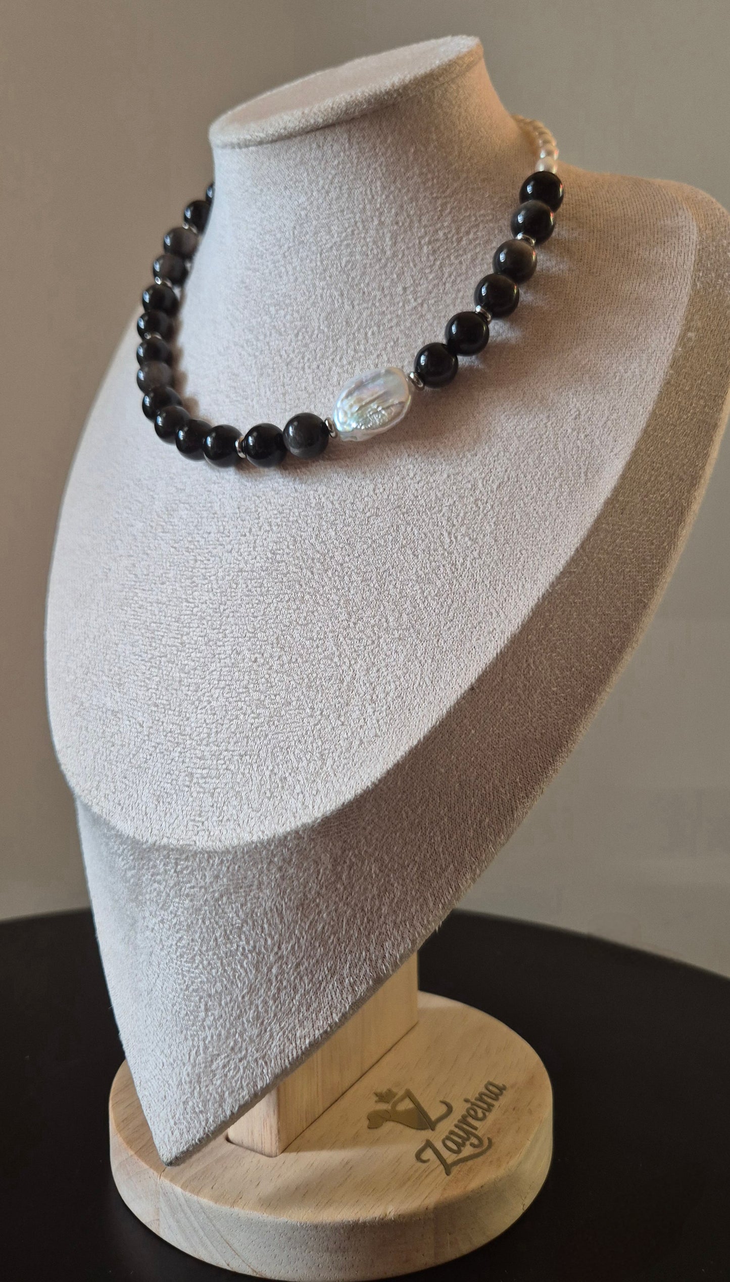 Collier obsidienne & perles naturelles