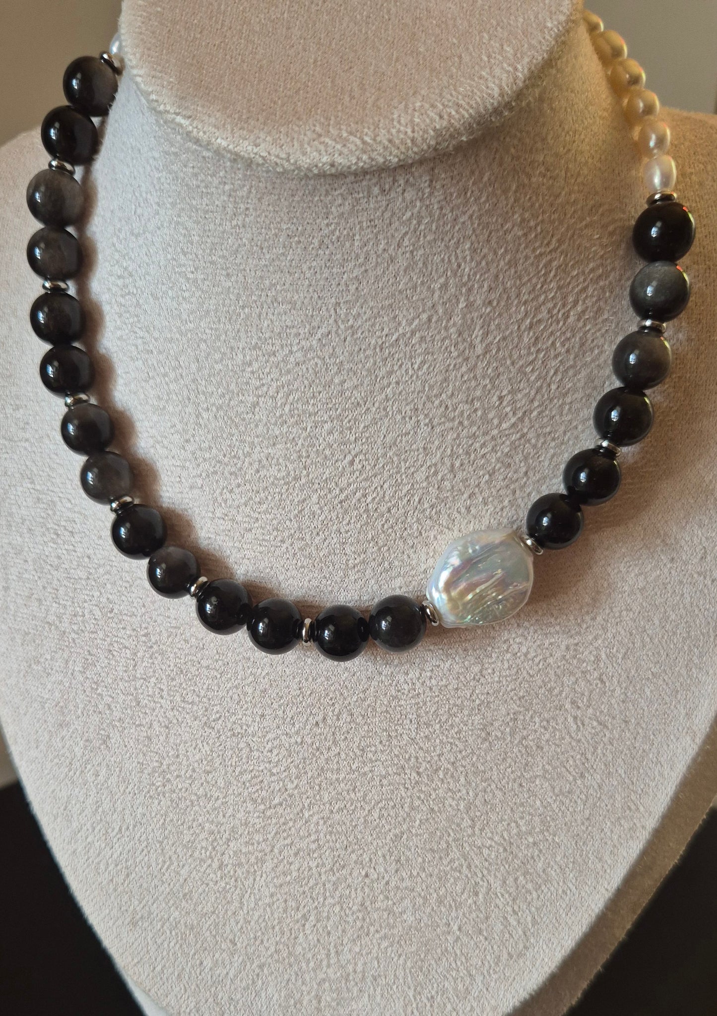 Collier obsidienne & perles naturelles
