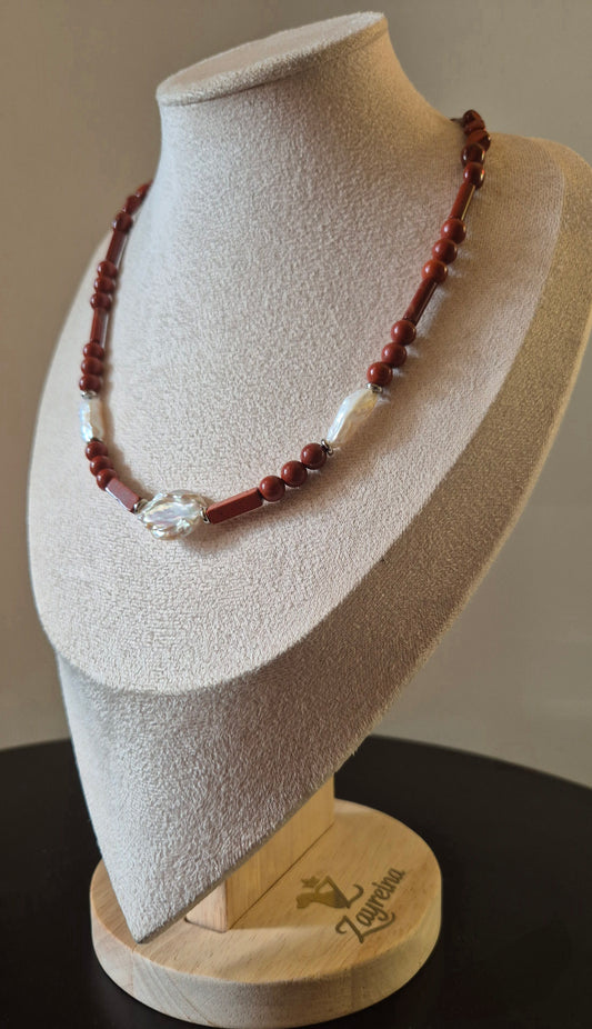 Collier jaspe rouge & perles naturelles