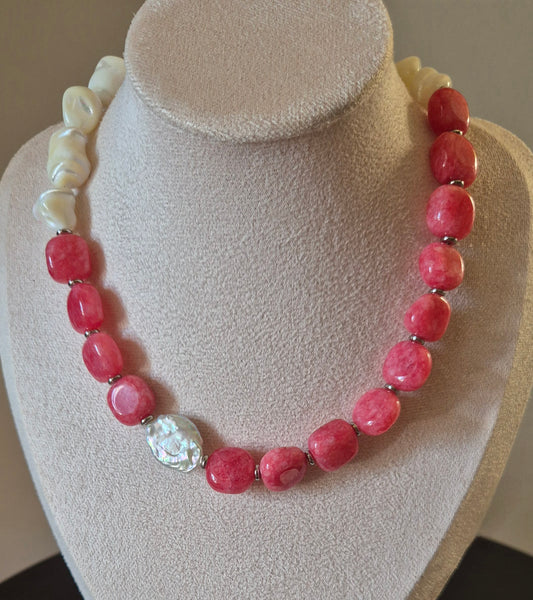Collier rhodochrosite & coquillage