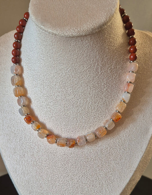 Collier agate beige & jaspe rouge