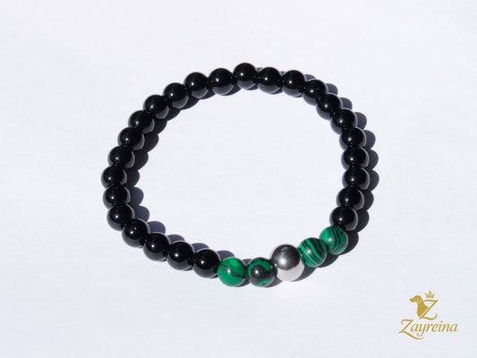 Bracelet en agate noire et malachite