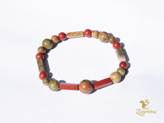 Bracelet en unakite et jaspe rouge
