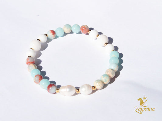 Bracelet bleu et blanc avec perles naturelles